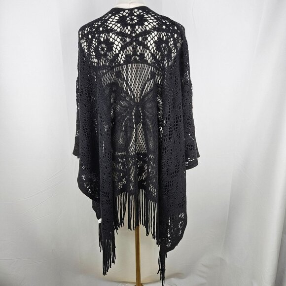 Black Butterfly Shawl Wrap Black Floral Lace Knit Fringe Boho OS - Picture 5 of 8